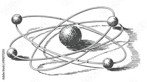 Vintage Atomic Model Illustration with Orbiting Electrons and Central Nucleus