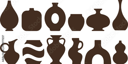 Ceramic vase silhouettes collection, decorative pottery jars isolated on white background for interior design and home decor