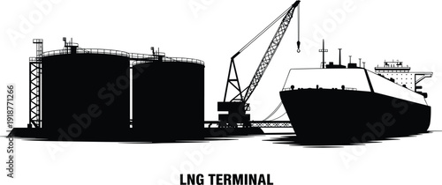 LNG terminal silhouette illustration, liquefied natural gas storage tanks and cargo ship at industrial port facility