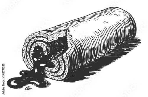 Vintage of a Swiss Roll Cake with Chocolate Filling Dripping