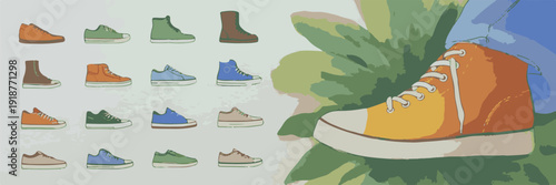 Collection of different types of canvas shoes and sneakers, including high tops and boots, displayed on a light background.