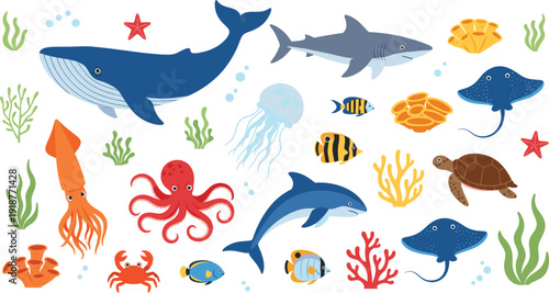 Large set of cute flat vector icons featuring marine animals like whale shark dolphin turtle octopus squid jellyfish and colorful coral reef elements for underwater themed designs.