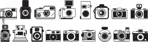 Assortment of retro and modern camera icons in silhouette style for digital and print applications