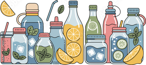 Colorful assortment of refreshing infused water bottles and jars with fruit and mint on transparent