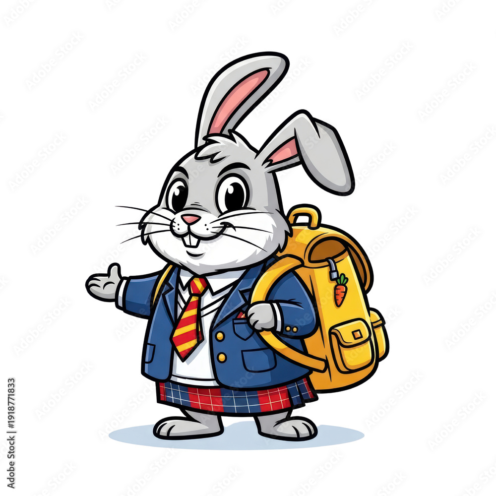 Obraz premium Cute cartoon rabbit character wearing a blue school blazer, red striped tie, and plaid kilt, carrying a yellow backpack with a carrot design, isolated. isolated PNG with Transparent Background