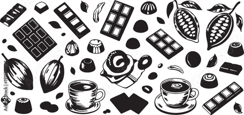 Collection of delicious chocolate bars, cocoa beans, cups of hot chocolate, candies and sweets on checkered background