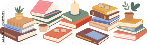 Cozy stack of books with candle and plants warm atmosphere for reading relaxing study comfort