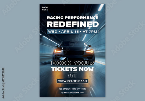 Editable Car Racing Performance Flyer Template with High Speed Track Action and Book Your Tickets for Motorsport Championship Event.
