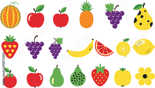 Set of colorful stylized fruit icons featuring apples grapes pineapple banana strawberry and watermelon with decorative patterns for creative branding summer textile prints and healthy food stickers.
