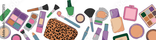 Glamorous makeup assortment eyeshadow lipstick foundation brushes powder leopard print cosmetic bag