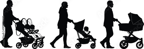 Set of people with baby strollers silhouettes cad drawing flat vector illustration with parents walking pushing prams and young children