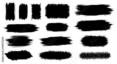 Black vector rough edge rectangles. Grunge square frames set. Jagged edge torn paper background collection. Paint brush strokes. Grungy distressed text boxes. Transparent background SVG version.