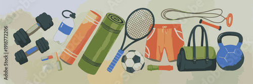 Sports and fitness equipment collection, including dumbbells, yoga mats, tennis racket, soccer ball