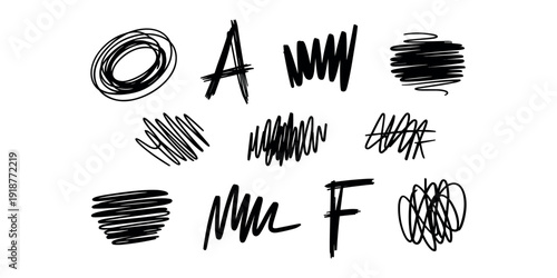 Black handwritten letters and scribbles on white background handwriting