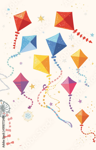 template card featuring shiny kites of various colors and shapes flying in a carefree manner on a special occasion against a clean isolated