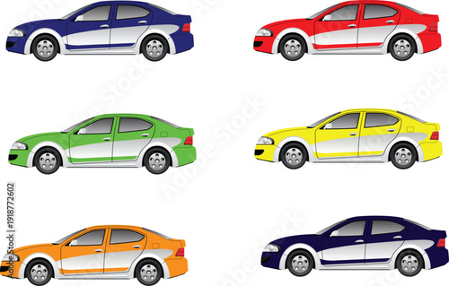 Assorted fleet of passenger sedan cars in various colors including blue red green yellow and orange vector set with white racing graphics and standard silver alloy wheels