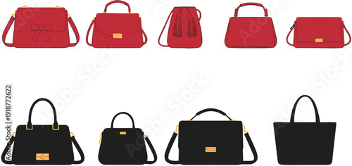 Large set of flat vector icons featuring stylish red and black women handbags purses tote bags and clutches for fashion ecommerce branding and shopping mall marketing designs.