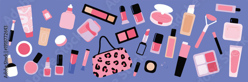 Assortment of beauty and cosmetic products, including makeup lipstick nail polish skincare and a leopard print makeup bag