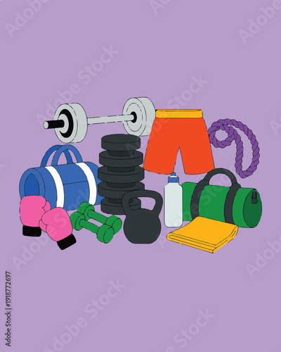 Fitness and gym equipment, including barbell weights kettlebell dumbbells boxing gloves rope and gym bag for active workout sessions