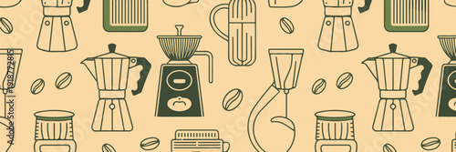 Pattern with coffee makers and coffee beans, moka pot, French press, grinder, retro style, beige and green