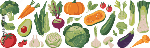 Collection of fresh vegetables on transparent background, pumpkin, broccoli, carrot, tomato, avocado, eggplant, garlic, beet