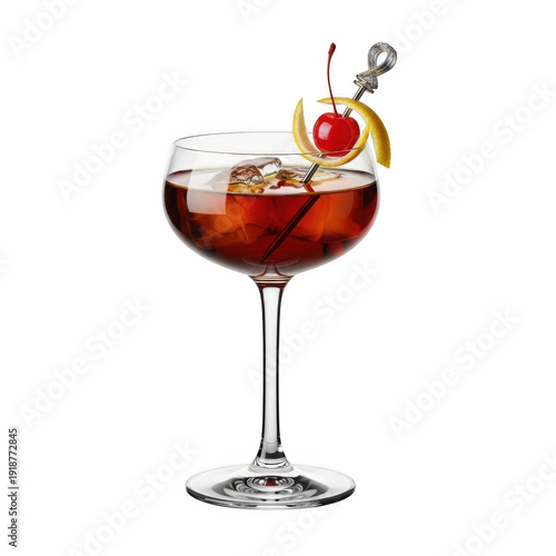 Elegant glass of red cocktail garnished with a cherry and orange slice