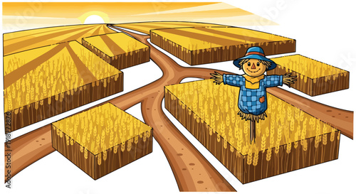 Cartoon Scarecrow in Golden Wheat Field at Sunset Vector Illustration