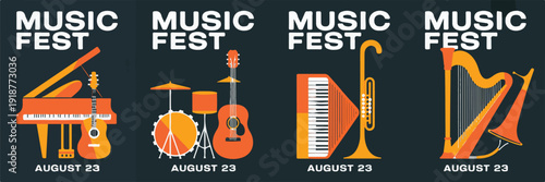 Music fest poster with piano guitar drums trumpet harp illustrations and august 23 date