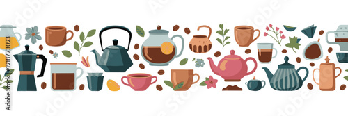 Seamless pattern of coffee and tea pots cups and beans for cafe background