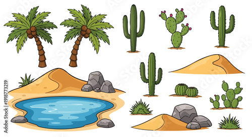 Desert Landscape Elements Set Vector Illustration