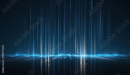 Abstract blue light streaks ascend from a dark, reflective surface