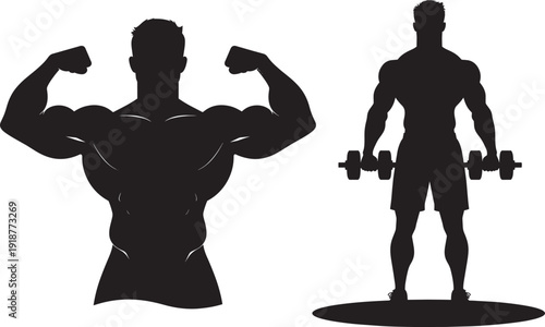 Muscular Man Flexing and Fitness Trainer with Dumbbells Silhouette Vector Icon, Strong Bodybuilding Pose and Confident Gym Stance, Bold Black Flat Design Isolated on White Background