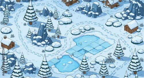 Isometric Winter Landscape Map with Snow-Covered Trees and Frozen Lakes