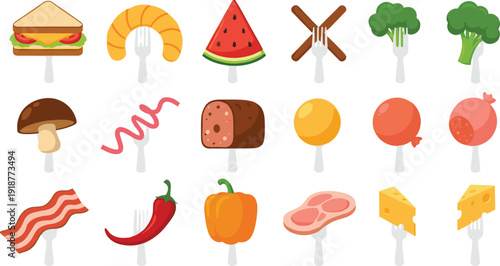 Set of colorful flat vector icons featuring various food items like sandwich broccoli watermelon sausage and cheese on forks for restaurant menu design and healthy eating concepts.