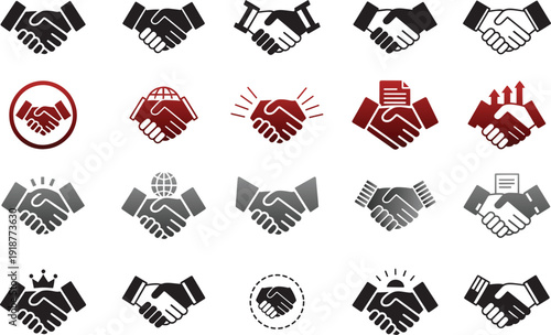 Collection of diverse handshake icons in black gray and red variations representing agreements