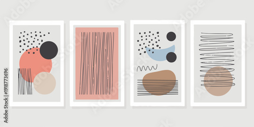 Set of four minimalist abstract posters with organic shapes and simple geometric elements on light grey background, modern art