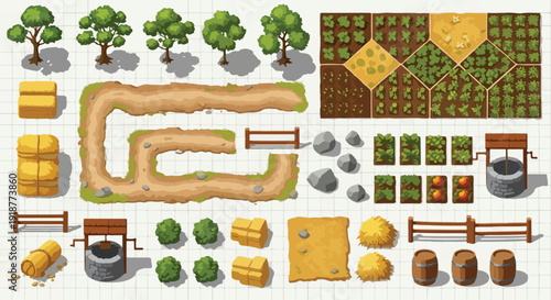 Isometric Pixel Art Farm Game Elements Set with Trees, Crops, Roads, and Wells