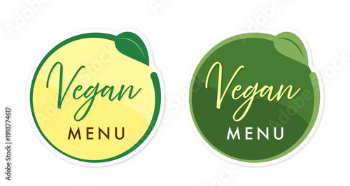 ヴィーガンメニューデザインセット｜フォレストディープグリーンとレモンイエローの配色が美しい、葉のモチーフを添えた「Vegan MENU」のシール風