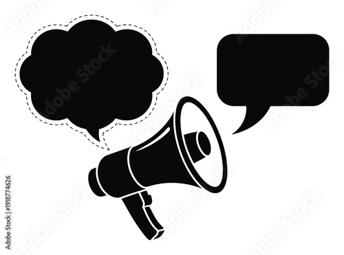 Black Megaphone with Speech Bubbles - Announcing Ideas and Messages