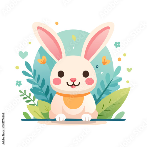 Adorable rabbit sitting amidst foliage with butterflies and flowers in a whimsical illustration