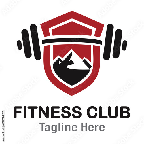Fitness Club Logo Design Featuring a Mountain and Barbell Shield Icon for High-Performance Training, Bodybuilding, and Outdoor Athletics Branding