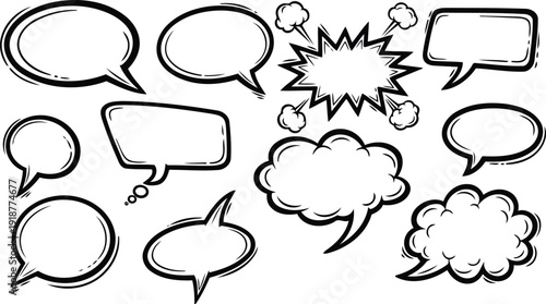 Sketchy black and white comic speech bubbles with burst shapes