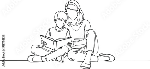 Adult and child reading silhouette, family education, shared learning, bonding through books, minimalist line art vector illustration