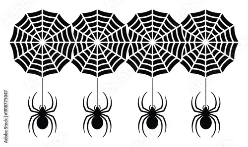 Four Spiders Hanging from Spiderwebs on a White Background