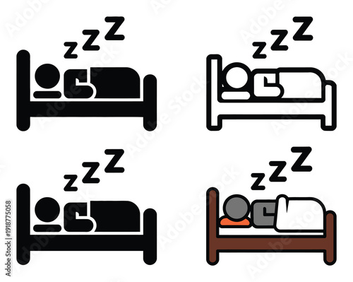 Four stylized icons of people sleeping in beds with Zzz symbols