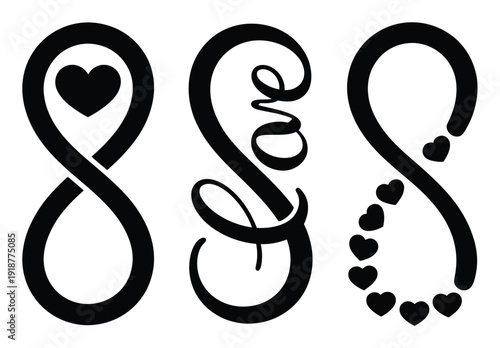 Infinity Symbols with Hearts and "Love" Text, Black and White Design