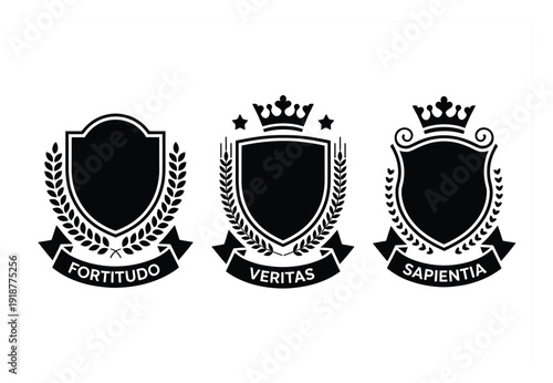 Three black heraldic crests with Latin mottos on white background