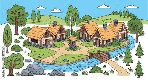 Cartoon Medieval Village Landscape Vector Illustration