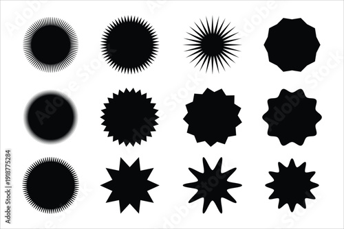 Set of Black Starburst and Sunburst Seal Icons Vector Shapes for Sale Badges Marketing Stickers Price Tags and Promotional Offer Graphics.