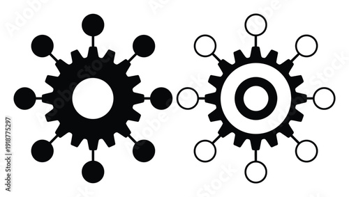 Two interconnected gears with radiating nodes, symbolizing connection and systems